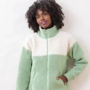 Dudley Stephens Bleecker Zip Up Sherpa Fleece Jacket, Basil and Cream - M, NWT